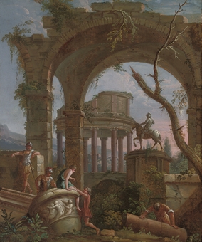 A capriccio of classical ruins with soldiers resting by a giant urn  