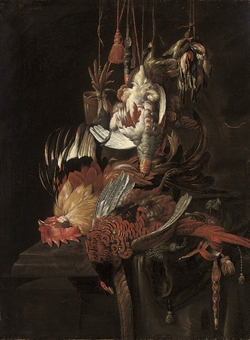 Still life of a dead pheasant and other birds, with hawking accoutrements, on a draped stone ledge 