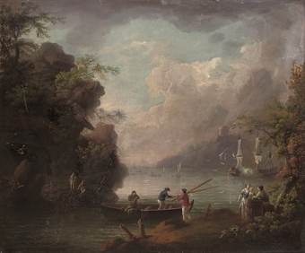 A Mediterranean coastal landscape with fishermen in the foreground  