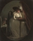 A lady seated at her escritoire, by candle light, a spaniel on a chair beside her, in a feigned oval 