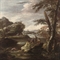 A wooded river landscape with soldiers in the foreground, a castle beyond 