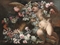 Cupid disporting amongst a garland of flowers in a landscape  