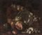 Narcissi and carnations in a glass vase, a blue and white porcelain plate, mushrooms, melons, apples and other fruit 