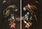 A parrot with blue, green and gold plumage, perched on a stone ledge, with orange blossom, a carnation, a parrot tulip and a moth; and A parrot with blue, red and gold plumage, perched on a stone ledge, with orange blossom and a parrot tulip 