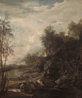 An extensive rocky river landscape with figures on a bank  