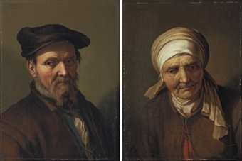 An elderly man, bust-length, in a brown coat and hat; and An elderly woman, bust-length, in a brown coat and headscarf