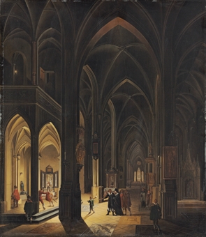 The interior of a Gothic cathedral by torch- and candlelight