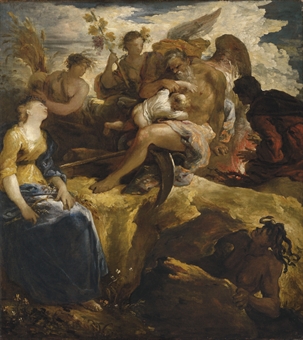 Saturn holding one of his sons and daughters, surrounded by the Four Seasons