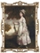 Portrait of Miss Julia Keasberry, full-length, in a white dress with pink ribbon trim and bows, and hat, holding a garland of flowers, in a landscape