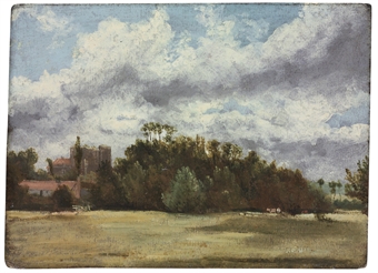 A wooded landscape with cattle, buildings to the left