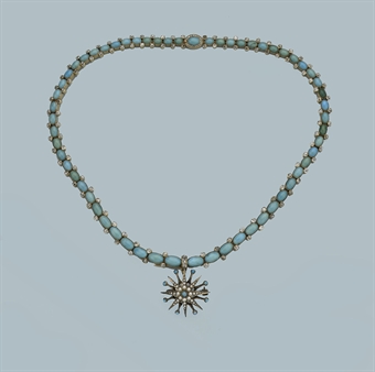 AN ANTIQUE TURQUOISE AND DIAMOND NECKLACE AND BROOCH   | Jewelry Auction | jewelry set, turquoise | Christie's :  necklace antique