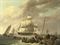 Een Hollands, Amerikaans, Engels, Deens en Zweeds fregat op de Westerschelde: several frigates near a jetty
