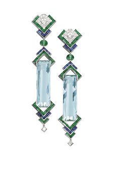 A PAIR OF UNIQUE AQUAMARINE, EMERALD, SAPPHIRE AND DIAMOND EAR PENDANTS, BY PRINCE DIMITRI 