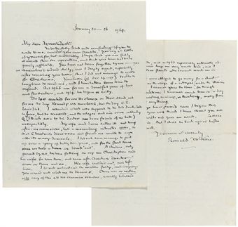 TOLKIEN, John Ronald Reuel (1892-1973). A series of eight autograph letters signed and one typed letter signed ('J.R.R.T.', 'J.R.R. Tolkien', 'Ronald Tolkien', one unsigned) to Professor Przemyslaw Mroczkowski, one to Mrs Mrockzkowska, Bournemouth, Headington and n.p., 2 August 1946 - 10 April 1969, together 13 pages, 8vo and 4to, in autograph, and 2 pages, 4to, typescript, envelope; with a typescript of an essay by Mroczkowski on the New Robinson Chaucer with very extensive corrections in Tolkien's hand, commentary at the end on approx 2 pages, 4to; [with] two autograph letters signed to the Mroczkowskis by C.S. Lewis, 8 March and 13 May 1958, arranging a meeting and discussing a Polish translation of one of his books, 1½ pages, 8vo and 4to. Provenance: by descent from the recipients.