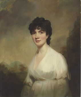Portrait of a lady, identified as Mrs. Walter Learmouth (1772-1832), half-length, in a white dress, a landscape beyond 