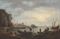 Fishing boats off a French harbor at sunset  