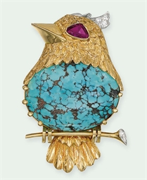 A TURQUOISE, RUBY AND DIAMOND BROOCH, BY CARTIER  