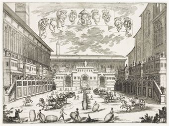 BOLOGNA 1691 -- [PRINT]. MATTIOLI, Luigi. Festa de Vino a Bologna. 1691. Engraving (a few repairs at folds on verso), 368 x 500 mm, thread margins. A fine view of this scene at the Festa della porchetta in Bologna in 1691. Illustrated in Fagioli & Madonna, Baroocco Romano e Barrocco Italiano, p.168 (pl. 14). 
