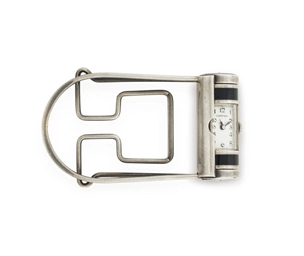 cartier. a silver and enamel art deco money clip with watch 
