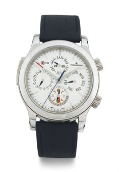 JAEGER-LECOULTRE.  A LARGE STAINLESS STEEL AUTOMATIC PERPETUAL CALENDAR WRISTWATCH WITH ALARM, MOON PHASES AND 24 HOUR INDICATION 