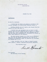 ROOSEVELT, Franklin D Typed letter signed (