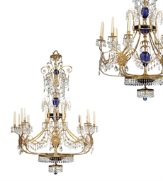 A PAIR OF BALTIC ORMOLU, GILT-METAL, CRYSTAL, CLEAR AND BLUE...