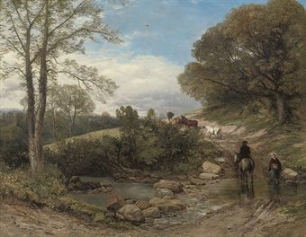 A drover and his herd crossing a ford  