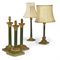 A PAIR OF BRASS AND PATINATED METAL CORINTHIAN COLUMN TABLE LAMPS  