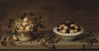 Pears in a wicker basket, red and white plums in a porcelain bowl together with cherries, wild strawberries, red, white and blackcurrants and peas in a pod on a wooden ledge 