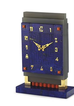 **AN ART DECO LAPIS LAZULI AND CORAL DESK CLOCK, BY BOUCHERON  