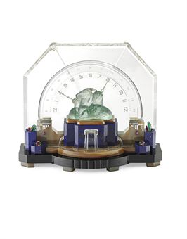 AN ART DECO MULTI-GEM AND DIAMOND GAZELLE DESK CLOCK, BY OSTERTAG  