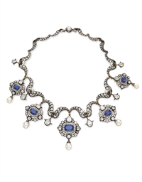 AN ANTIQUE DIAMOND, SAPPHIRE AND PEARL NECKLACE