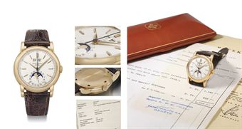 Patek Philippe. An extremely fine and rare 18K pink gold perpetual calendar wristwatch with sweep centre seconds, moon phases, screw back, original certificate, invoice, envelope and box 