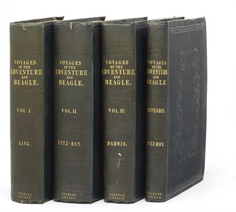 DARWIN, Charles Robert (1809-1882) -- FITZROY, Robert (1805-1865, editor). Narrative of the Surveying Voyages of His Majesty's Ships Adventure and Beagle. London: J.L. Cox and Sons [vols. I-II and appendix] and Whiting [vol. III] for Henry Colburn, 1839.