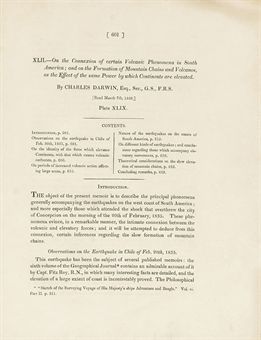 DARWIN, Charles (1809-1882). On the Connexion of Certain Volcanic Phenomena in South America; and on the Formation of Mountain Chains and Volcanos, as the Effect of the Same Power by Which Continents are Elevated. [London: Geological Society: 1839].