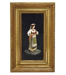 AN ITALIAN PIETRA DURA PANEL OF A WOMAN WITH TWO WINE CARAFE...