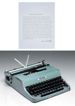 [McCARTHY, Cormac] (1933 - ). McCarthy's Olivetti manual typewriter (serial no. 2143668), ON WHICH HE TYPED ALL OF HIS WORK FROM 1958 TO 2009. 12½ x 10.14 x 3½in., with original blue carrying case.  [WITH:] McCARTHY. Typed document signed (Cormac McCarthy), n.d. [October 2009], titled Cormac McCarthy's Typewriter, authenticating his ownership of the typewriter.