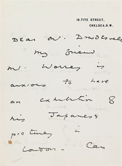 WILDE, Oscar. Autograph letter signed (Oscar Wilde), to Mr. Dowdeswell, London, n.d. 2 pages, 8vo, on 16 Tite Street stationery.