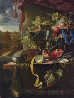 A conch shell, a cut and partly-peeled lemon on a silver platter, a broken pomegranate, shrimps, oysters, a wine-filled roemer, fruit and other objects on a partly-draped wooden table before a draped window casement, an extensive landscape beyond 
