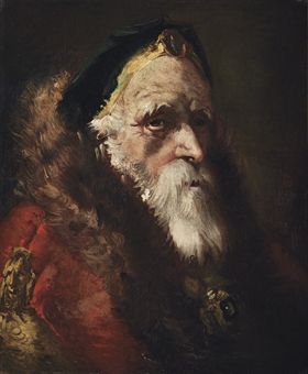 Head study of a bearded man, in a green hat with a brooch and a fur-trimmed red mantle with a jewelled buckle 