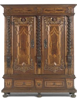 A SOUTH-GERMAN WALNUT AND FRUITWOOD CUPBOARD
