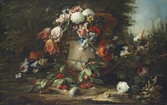 Roses, tulips, carnations and other flowers in a stone urn, with roses on a trellis, figs, cherries and a pomegranate on a garden floor 