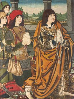 Donors kneeling, a mountainous landscape with a castle beyond - a panel from an altarpiece 