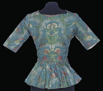 A LADY'S BODICE OF BLUE SILK BROCADE  