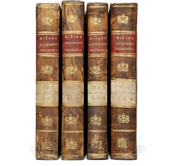 MIÑANO, Sebastian de (1779-1845). Diccionario Geografico-Estadistico de Espana y Portugal. Madrid: Pierart-Peralta, 1826-1829. 11 vols, 4° (208 x 145mm), 20 (of 21?) folding hand-coloured maps, views and plans. (Lacking the general map in vol. IV, occasional browning and light spotting.) Contemporary Spanish mottled sheep, flat spines with red and white morocco lettering-pieces (some spines scuffed, extremities lightly rubbed). Provenance: S.E. Widdrington, Newton Hall (armorial bookplate).