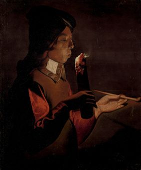 A young boy with a pipe, blowing on a firebrand  