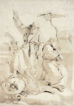 Saint Fidelis of Sigmaringen stamping out heresy, accompanied by the Blessed Joseph of Leonessa