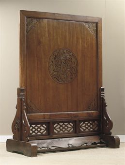 A CHINESE ELM AND STAINED WOOD SCREEN  