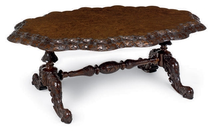 A VICTORIAN BURR WALNUT AND WALNUT OVAL LOW TABLE