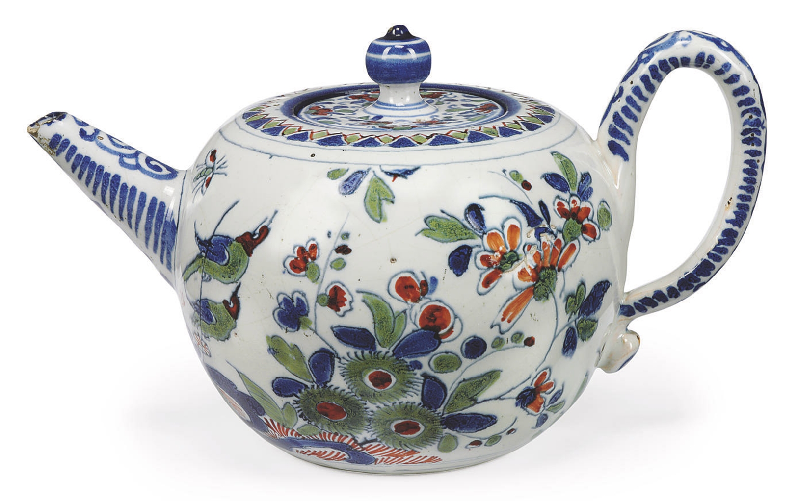 AN ENGLISH DELFT POLYCHROME TEAPOT AND COVER CIRCA 172030, LONDON OR